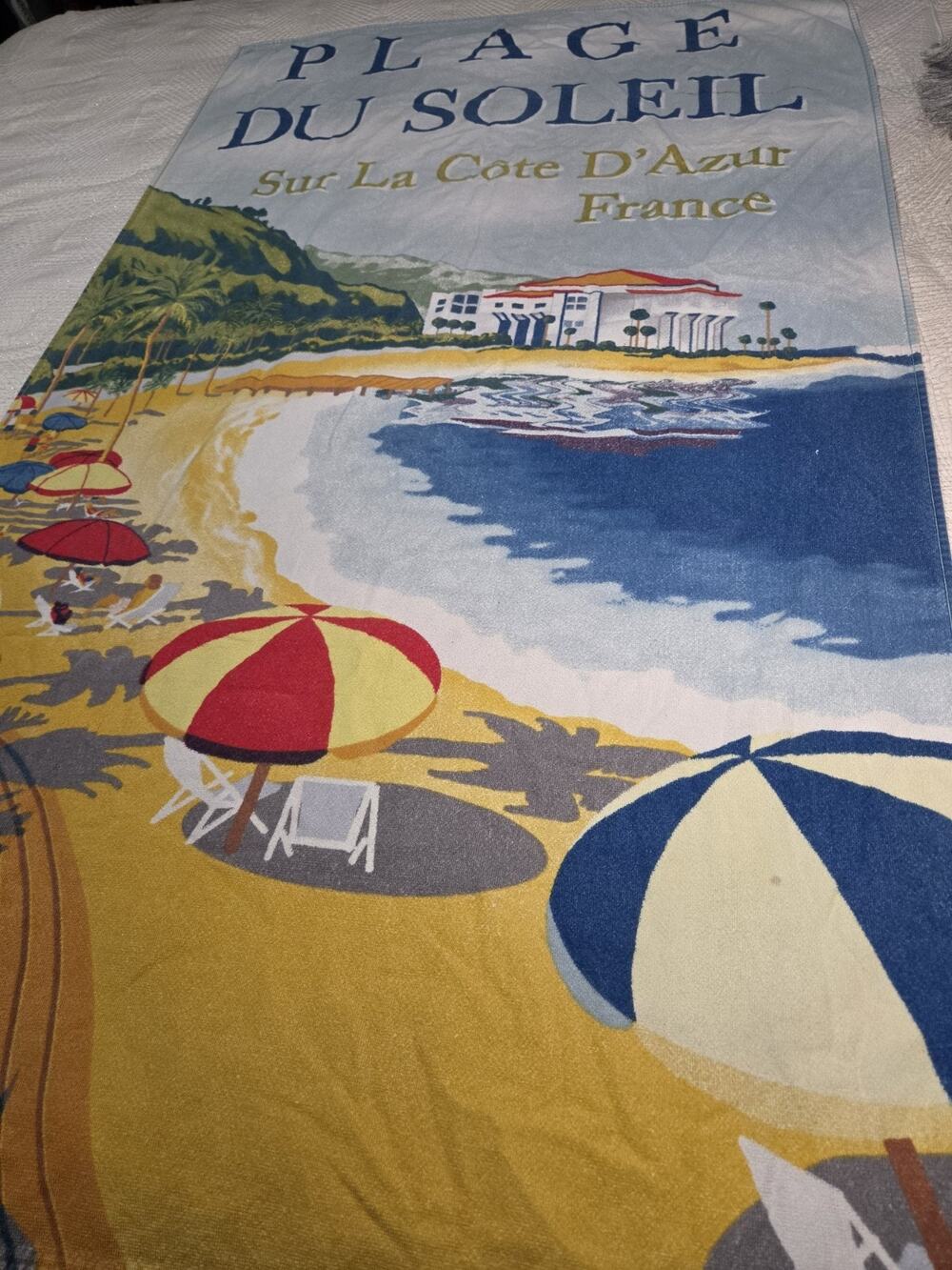 Plage Du Soleil Vtg French Riviera Travel La Cote D'Azur 1960s Large Towel Retro